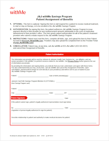 J&J withMe Savings Program Patient Assignment of Benefits Form 